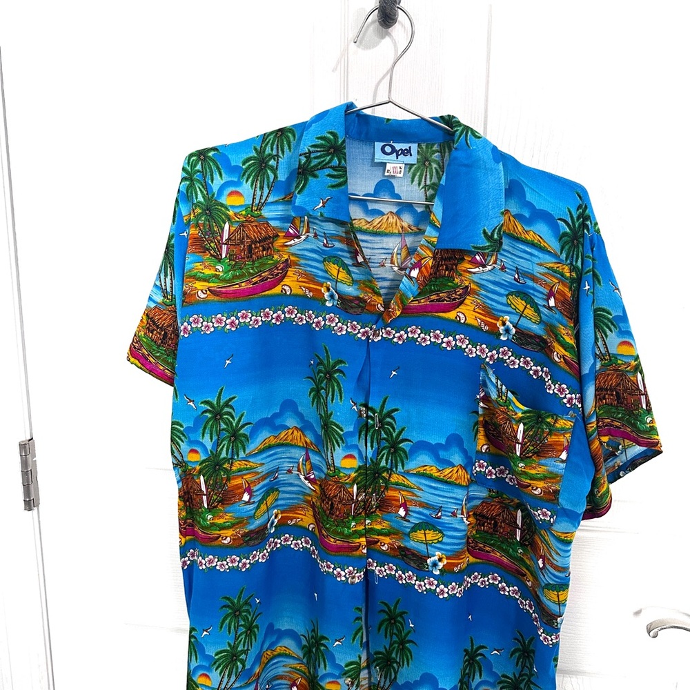 Blue Casual Button Down Shirt with Tropical Print
